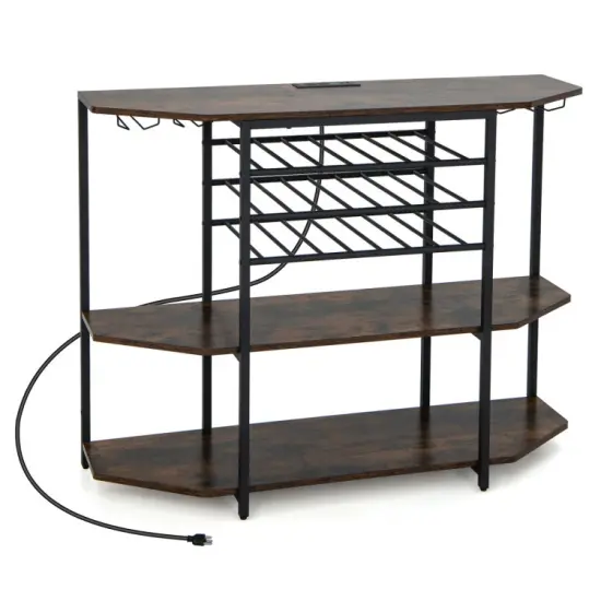 Wine Rack with Charging Station, 21-Bottle Capacity, 8 Glass Holders, and 3 Shelves Grey {7}