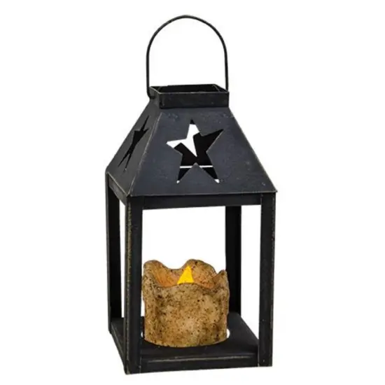 Black Metal Star Lantern with LED Pillar Candle and Rustic Hanging {1}