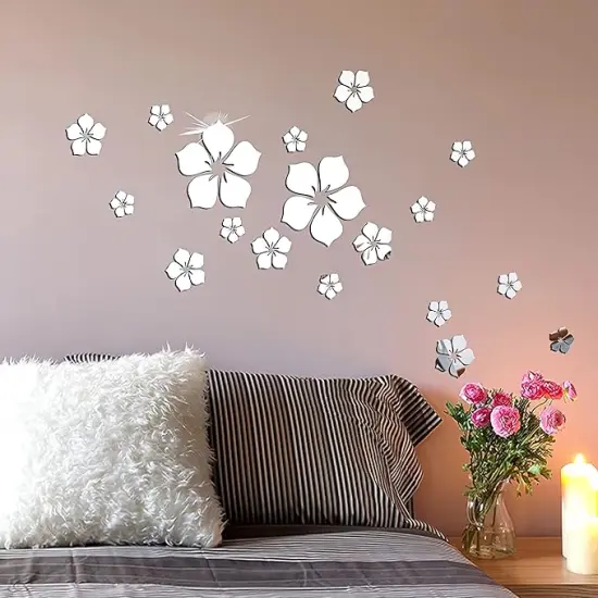 Acrylic Mirror Floral Wall Stickers Self Adhesive Mirror Wall Decor Removable Mirror Decor 3D Flower DIY Wall Sticker for Living Room Bedroom Bathroom (Silver) {2}