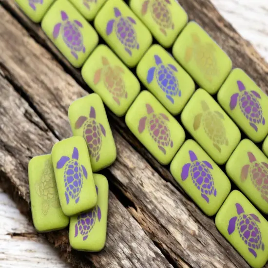 19x12mm Matte Chartreuse Sliperit Laser Tattoo Rectangle Turtle Beads - Choose Your Qty {6}