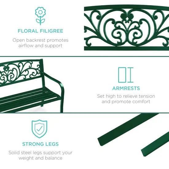 Best Choice Products Outdoor Steel Bench Garden Patio Porch Furniture w/ Floral Design Backrest Dark Green {6}