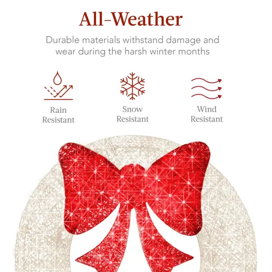 Best Choice Products 30in Pre-Lit Outdoor Christmas Wreath, LED Metal Holiday Décor w/ 100 Lights, Bow White/Red {5}