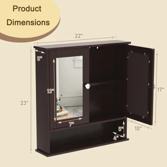 Wall Cabinet with Double Mirror Doors Adjustable Shelf Storage for Bathroom and Bedroom Brown {3}