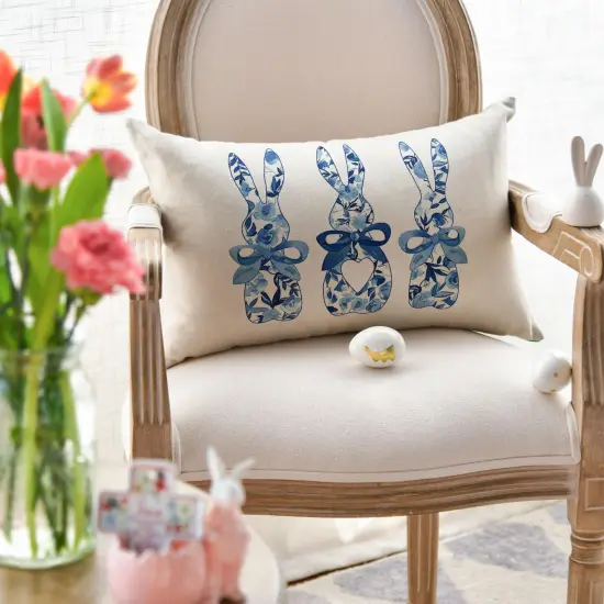 Easter Blue and White Porcelain Color Bunny Throw Pillow Cover, 12 x 20 Inch Flowers Cushion Case Decoration for Sofa Couch {3}