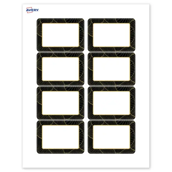 Avery Printable Rectangle Adhesive Name Badges, Pre-Printed Black Border with Gold Pattern, Matte White, 2-1/3" x 3-3/8", Laser & Inkjet Compatible, 80 Total, Great for Branding, Marketing, and Events {1}