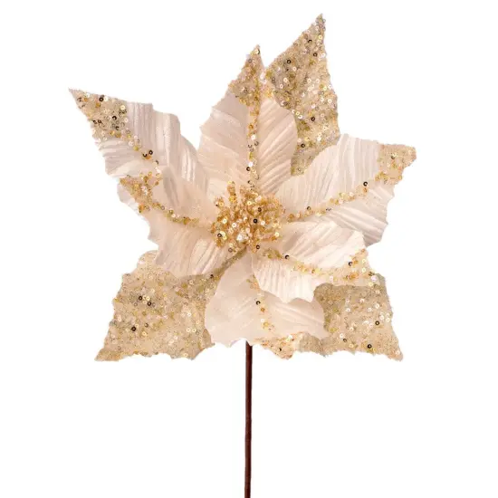 24" Ivory Velvet Poinsettia Stem with Gold Glitter/Sequin Stripe Elegant Christmas Floral Decoration {1}