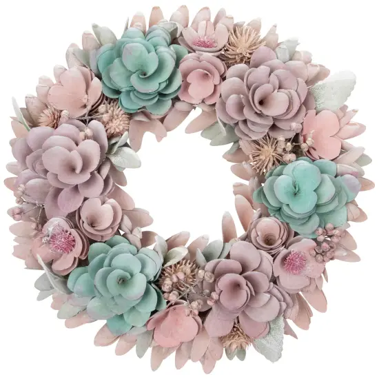 Northlight Wooden Floral Artificial Spring Wreath with Thistles- 13.5" - Pink and Blue {3}