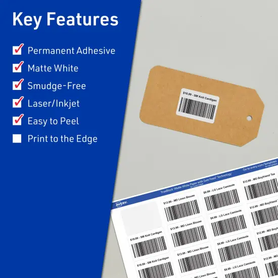 Avery TrueBlock Matte White Paper Labels,1-1/4" x 1-3/4" Rectangle {2}