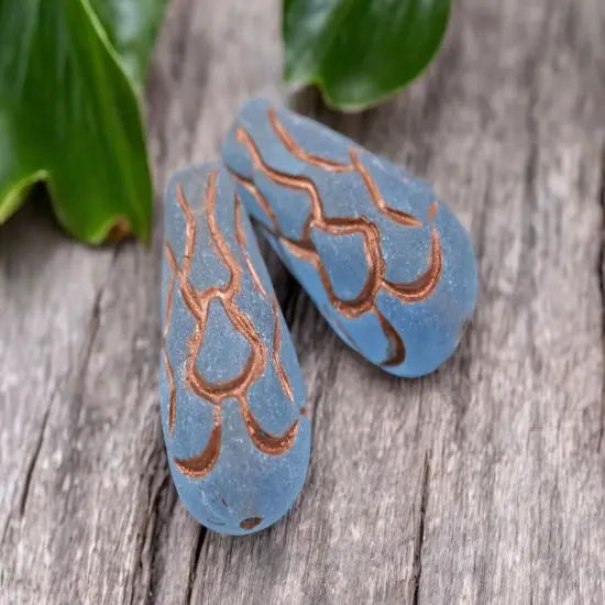 *6* 25x12mm Copper Washed Matte Transparent Capri Blue Mermaid Scale Large Drop Beads {4}