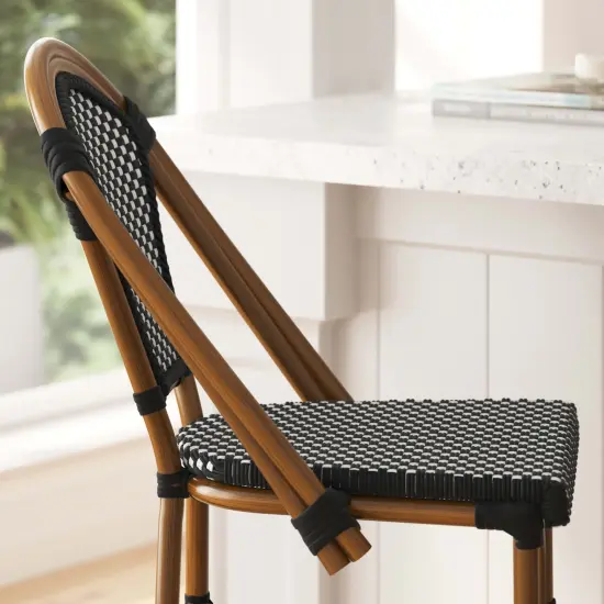 Merrick Lane Sacha Set of Two Stacking Bistro Bar Stools with PE Seats and Backs and Metal Frames for Indoor/Outdoor Use Black&White/Natural {3}