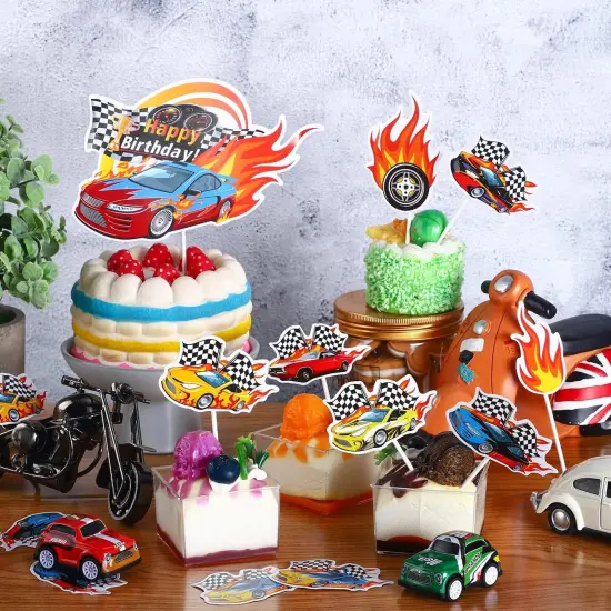 55 Pcs Race Car Cupcake Toppers Happy Birthday Cake Toppers wheels Checkered Flag Fire Car Theme Decoration for Boy Girl DIY Party Decorations {2}