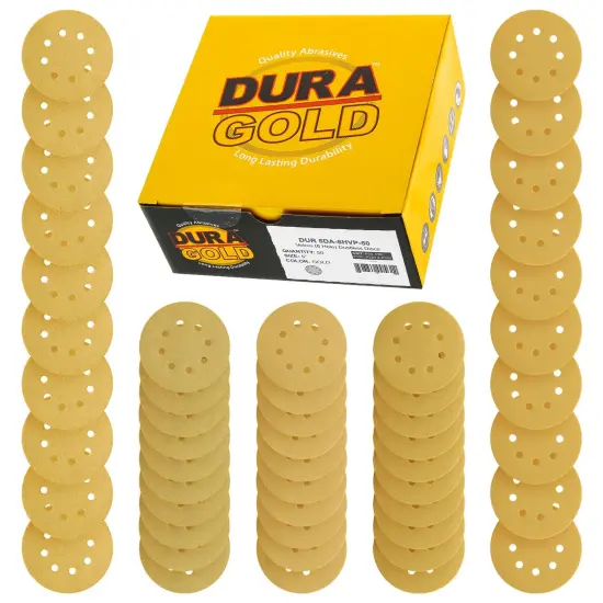 Variety Grit Pack - 5" Gold DA Sanding Discs - 8-Hole Pattern Hook and Loop - 10 each of Grit (60, 80, 120, 220, 320) - Box of 50 {2}