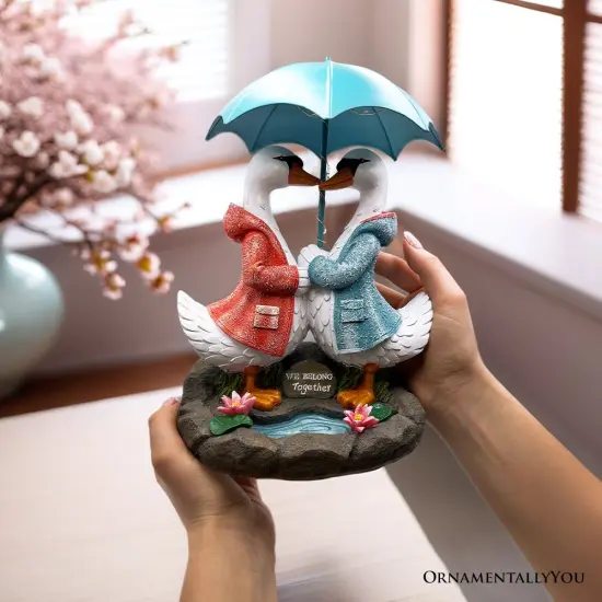 Romantic Swan Couple Under an Umbrella Solar Powered Garden Statue, 10" Lighted Outdoor Bird Figurine Decor {5}