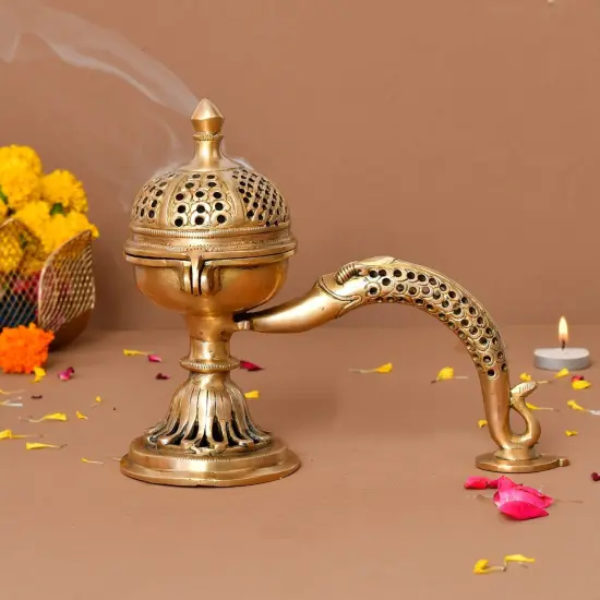 Brass Incense Dhoop Burner Aroma for Prayer Puja Meditation Spiritual Events Dhoopam for Havan Rituals - Diwali Decoration Loban Dhoop Dani for Temple Home Prayer Room (7.8x3.9 Inches) {2}