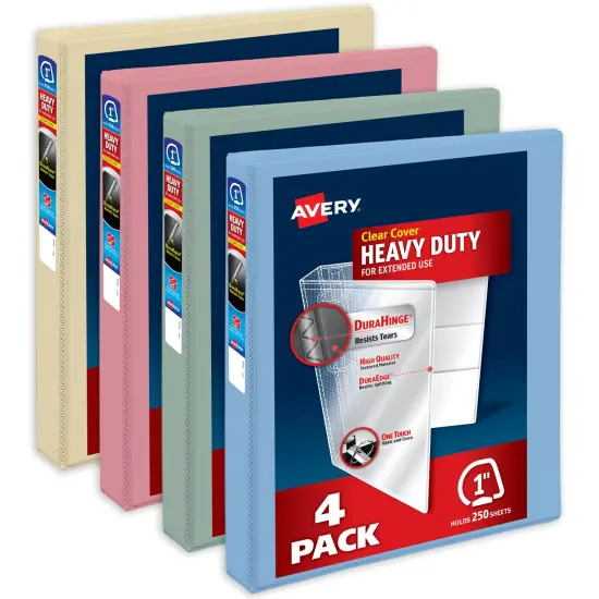 Avery Heavy-Duty View 3 Ring Binders, 1 Inch One Touch Slant Rings, 250-Sheet Capacity, DuraHinge, 1.4 Inch Wide Spine, Customizable Clear Cover and Spine, Assorted Pastel Colors (4-Pack of 79631) {1}