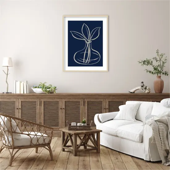 Line Leaves In Vase On Navy I by Elizabeth Medley Wood Framed Wall Art Print {5}