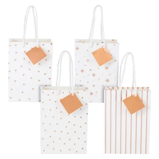 24 Pack Small White Bags with Handles and Tags, Paper Gift Bags for Small Business, 4 Rose Gold Foil Designs (7.9 x 5.5 x 2.5 In) {6}