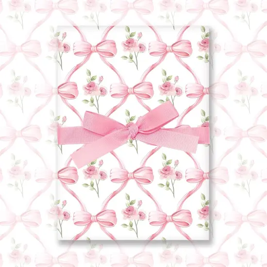 6 Sheets Spring Pink Bow Flowers Wrapping Paper - Not Roll - Watercolor Pink Bow Gift Wrap Paper Folded Flat Coquette Bowknot for Valentine's Day Baby Shower DIY Crafts, 19.7 x 27.6 Inch {4}
