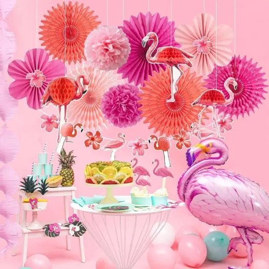 Summer Flamingo Party Decorations Pink Hanging Paper Fans for Tropical Party Decorations Flamingo Flowers Garland Party Kit for Summer Hawaiian Luau Tiki Tropical Jungle Themed Party Decorations {4}