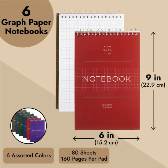 6 Pack Quad Ruled 6x9 Inch Top Bound Spiral Graph Paper Notebook - 80 Sheets / 160 Writable Page Steno Notepads for Writing, Sketching, Drawing, School Supplies (6 Colors) Multicolor {3}