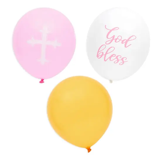 God Bless Banner Balloons for Girls Baptism Decorations, First Communion (12-16 In, 58 Piece Set) Pink {6}