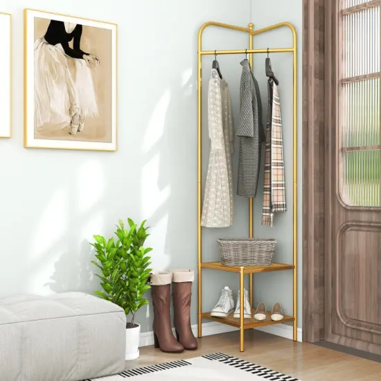 Corner Coat Rack with Top Hanger and 2 Mesh Shelves for Entryway Golden {9}