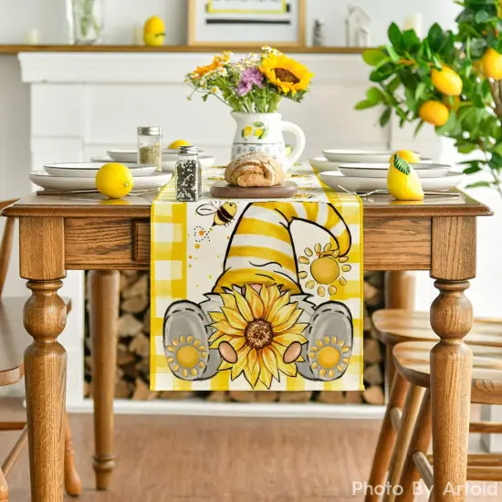 Yellow Buffalo Plaid Sunflower Gnome Bee Summer Table Runner, Spring Kitchen Dining Table Decoration for Home Party Decor 13x72 Inch {2}