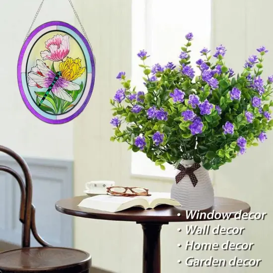 Summer Stained Glass Window Hanging Dragonfly Suncatchers 10 Inch Glass Panel Sun Catchers Indoor Window Wall Art, Stained Glass Dragonfly Light Catchers for Windows Handmade Glass Art Gift {3}