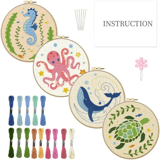 4 Sets Embroidery Kit for Beginners with Sea Animals Pattern DIY Embroidery Kit {1}