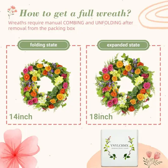 18" Summer Floral Wreaths for Front Door Summer Wreath with Daisy Flowers Green Tea Leaves, Artificial Floral Wreath Green Foliage Wreath for Wall Window Farmhouse Party Holiday Home Decor {3}