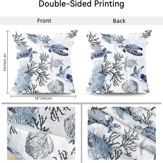 Nautical Coastal Throw Pillow Covers Set of 2 Beach Themed Ocean Coral Sea Turtle Decorative Pillow Cases Outdoor Sofa Cushion Cover for Bedroom Living Room, 18x18, Blue {4}