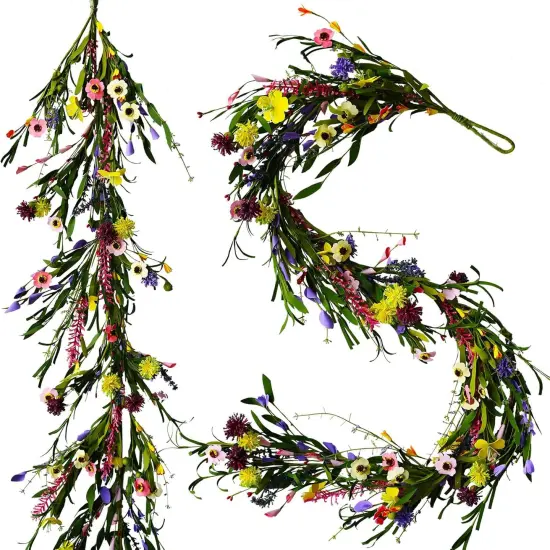2PCS Artificial Wildflower Summer Floral Garland, 6FT Faux Flower Hanging Vine, Purple Flowers Ivy, Summer Garland with Eucalyptus Lavender Vine for Sign Board Party Home Decor {1}