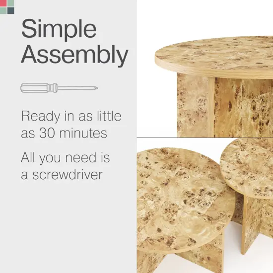 Burl Wood Round Nesting Coffee Tables - Modern Living Room Furniture - Organic Modern Drink Desk - Stylish Home Decor - 2 Piece Tables Set - Burl Top and Base {7}