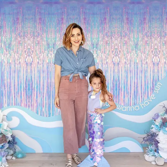 6.4 ft x 6.5 ft Metallic Tinsel Foil Fringe Curtains,Pack of 2 Party Streamer Backdrop for Mermaid Birthday Party Decorations(Neon Blue) {2}