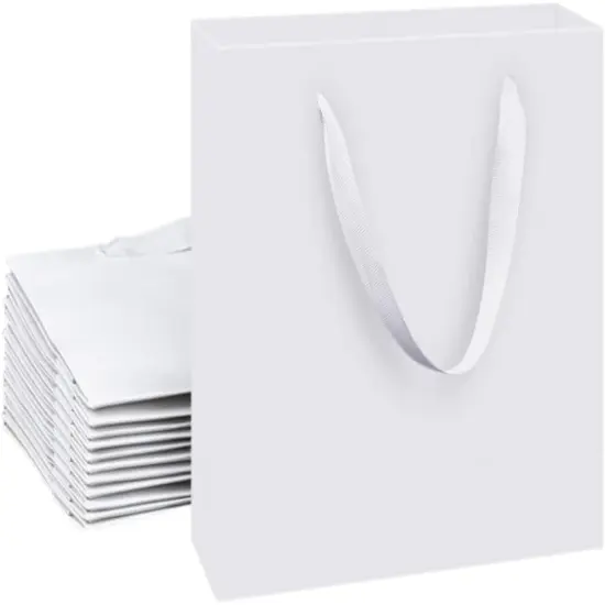12 Pack White Gift Bags with Ribbon Handles, Medium Size, Reinforced Bottom {1}