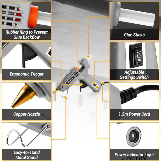 Hot Glue Gun Full Size: DEKOPRO 60/100Watt Dual Temp Hot Glue Gun Kit with 25 Glue Sticks, Organize Storage Case, Heavy Duty Heat Glue Gun Tool Set for Home Repair, Art & Crafts, DIY {3}