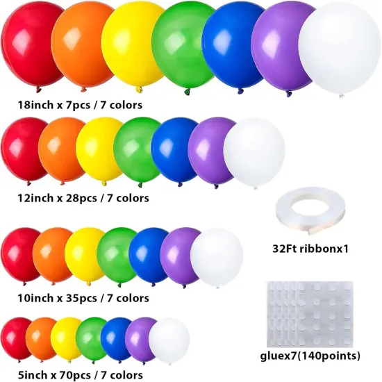 140pcs Rainbow Balloon Arch Kit, Rainbow Balloons of Different Sizes Pack of 18 12 10 5 Inch Party Balloon Kit for Birthday Party or Balloon Arch as Graduation Wedding Baby Shower Party Decorations {2}