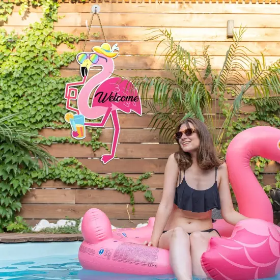 Flamingo Welcome Sign Wood Front Door Decor Summer Hanging Rustic Summer Decor {5}