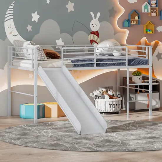 Twin Metal Loft Bed with Slide, Fun, Safe and Spacious Silver {6}