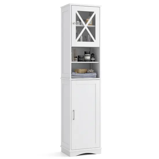 67 Inch Tall Freestanding Bathroom Storage Cabinet with 5 Adjustable Shelves and 2 Open Compartments White {9}