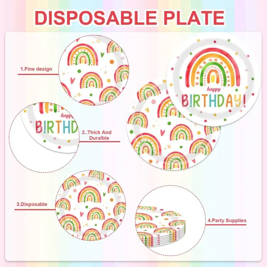 48Pcs Rainbow Birthday Decorations Colorful Boho Rainbow Tableware Set Disposable Plates Napkins Forks Serves 16 Bohemian Retro Rainbow Happy Birthday Party Decorations {3}