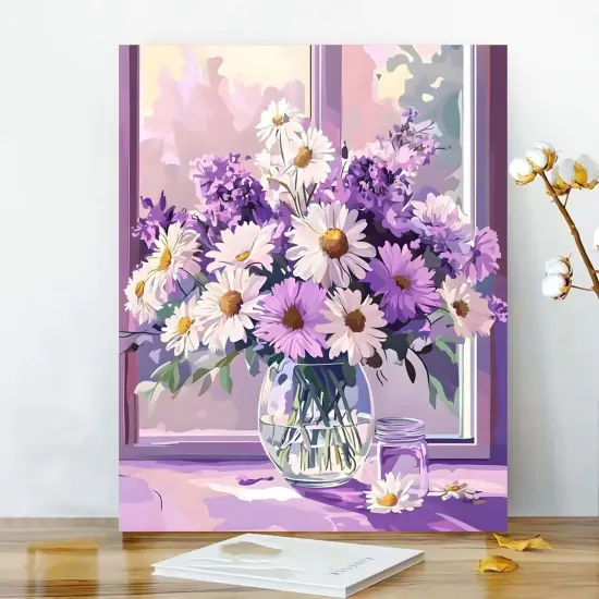 Daisy Purple White Flowers in Vase Art Acrylic Paint Adult Paint by Number Kits on Canvas 16x20 inch DIY Craft Kits for Adults Women Beginner Gifts Home Decoration {2}