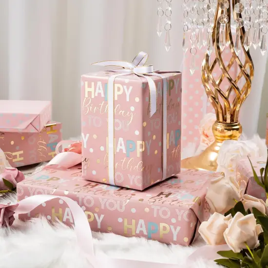 Reversible Pink Birthday Wrapping Paper Roll - 17 Inch X 33 Feet {3}