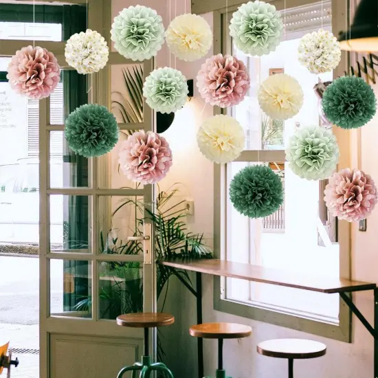 16pcs Dusty Rose Olive Sage Green Tissue Paper Pom Poms Ceiling Decors Flowers Sage Green Dusty Pink Party Decorations for Bridal Shower Baby Shower Rustic Wedding Birthday Engagement Party Decorations {4}
