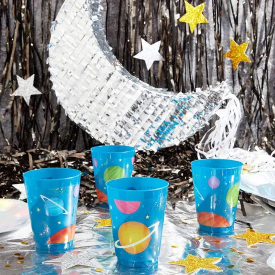 16 Pack Plastic Outer Space Cups for Kids, Galaxy Party Favors for Birthday Party Supplies (16 oz) Blue {3}