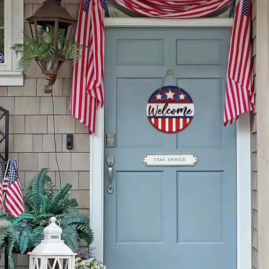 Welcome 4th of July Front Door Sign, Patriotic America Stars Stripes Wood Door Hanger Outdoor Outside Porch Decor, American USA Farmhouse Wooden Wreath Indoor Wall Hanging Decoration {4}