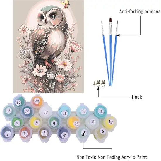 Owl Paint by Number Kit for Adult, Easy Owl Acrylic Paint by Numbers Kits on Canvas, Owl and Flowers Oil Painting Kits Adults' Paint-by-Number Kits for Home Wall Decor 16x20inch {1}