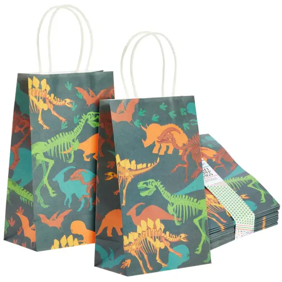 24 Pack Dinosaur Goody Bags with Handles, 5.3x3.2x9 Inch for Kids Birthday, Party Favors, Treats, Fossil Print Design {1}
