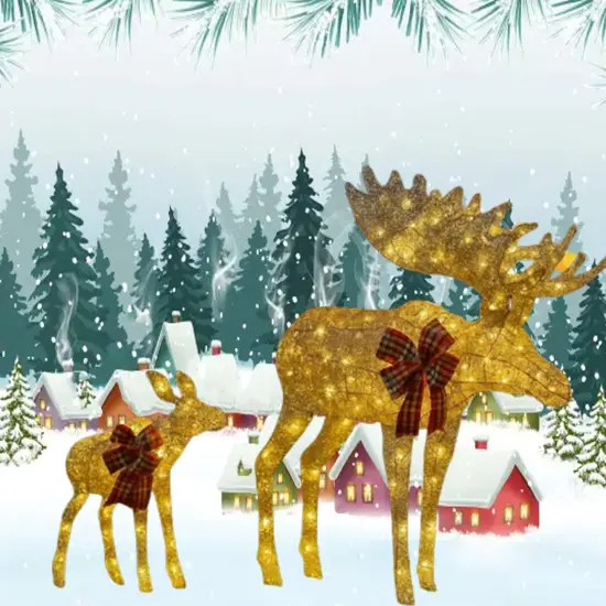 42 and 22 Inches Rustic Champagne Thread Deer Set of Two Reindeer Decor {3}