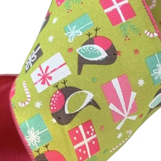 4" Faux Linen Bird Ribbon: Hot Pink & Green (10 Yards) {4}